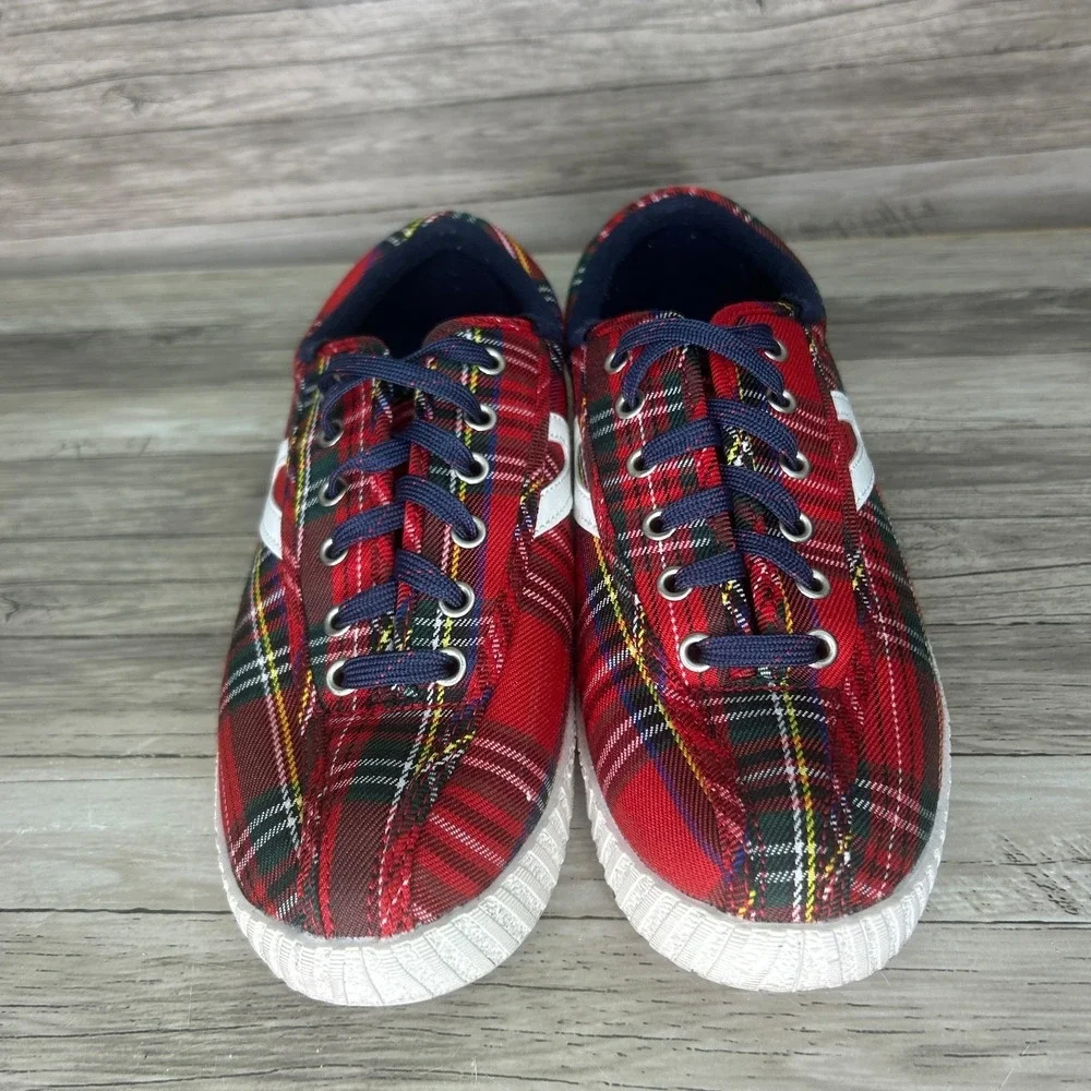 Tretorn Nylite 6.5 Red Plaid Tartan Canvas Sneakers Low Top Lace Up Shoes